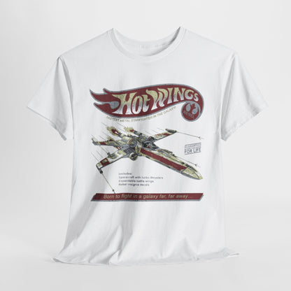 Hot Wings Starfighter T-Shirt: A sophisticated white graphic tee featuring a vintage design of the iconic Rebel starfighter. Perfect for fans of timeless galactic nostalgia.