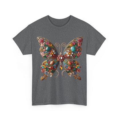 Front view of a detailed unisex Enchanting Butterfly Brooch T-shirt, featuring an artistic butterfly design adorned with vibrant gemstones for a touch of opulence.
