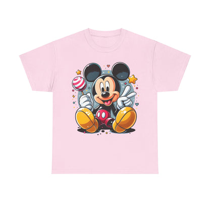 Stylish Mickey Mouse Unisex Graphic Tee Shirt in Pink, adorned with a playful illustration of Mickey Mouse with a lollipop, embodying a spirit of cheerfulness.