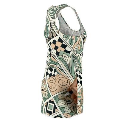 Side angle of the Vivienne Belmont Pastel Green Racerback Dress with a modern organic pattern design, exemplifying luxurious style and sophisticated comfort, perfect for fashionable events.
