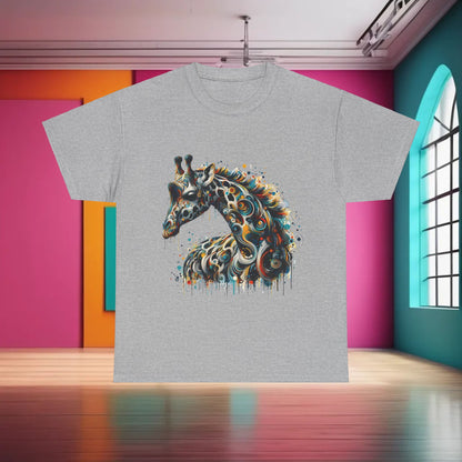 Stylish Fantasy Art Giraffe Graphic T-Shirt in grey, highlighting a sophisticated giraffe graphic that underscores contemporary artistic expression in upscale urban fashion.