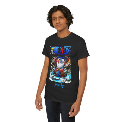 Charming male model donning a One Piece Franky t-shirt, highlighting the vivid artwork and prominent One Piece logo, perfect for anime enthusiasts.