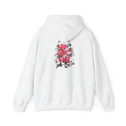Elegant white hoodie featuring a vibrant floral graphic design with the phrase 'DO EPIC SHT' in bold pink lettering, perfect for making a stylish statement.