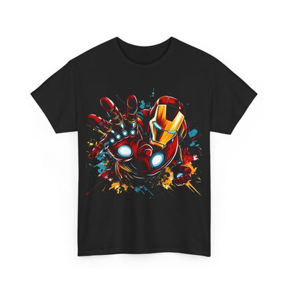 Luxury unisex Iron Man Graphic Tee featuring a vibrant design of the iconic armored Avenger, showcasing his red and gold suit against a backdrop of dynamic splashes of color. Unleash Your Inner Hero: Iron Man Graphic Unisex Graphic Tee Shirt.