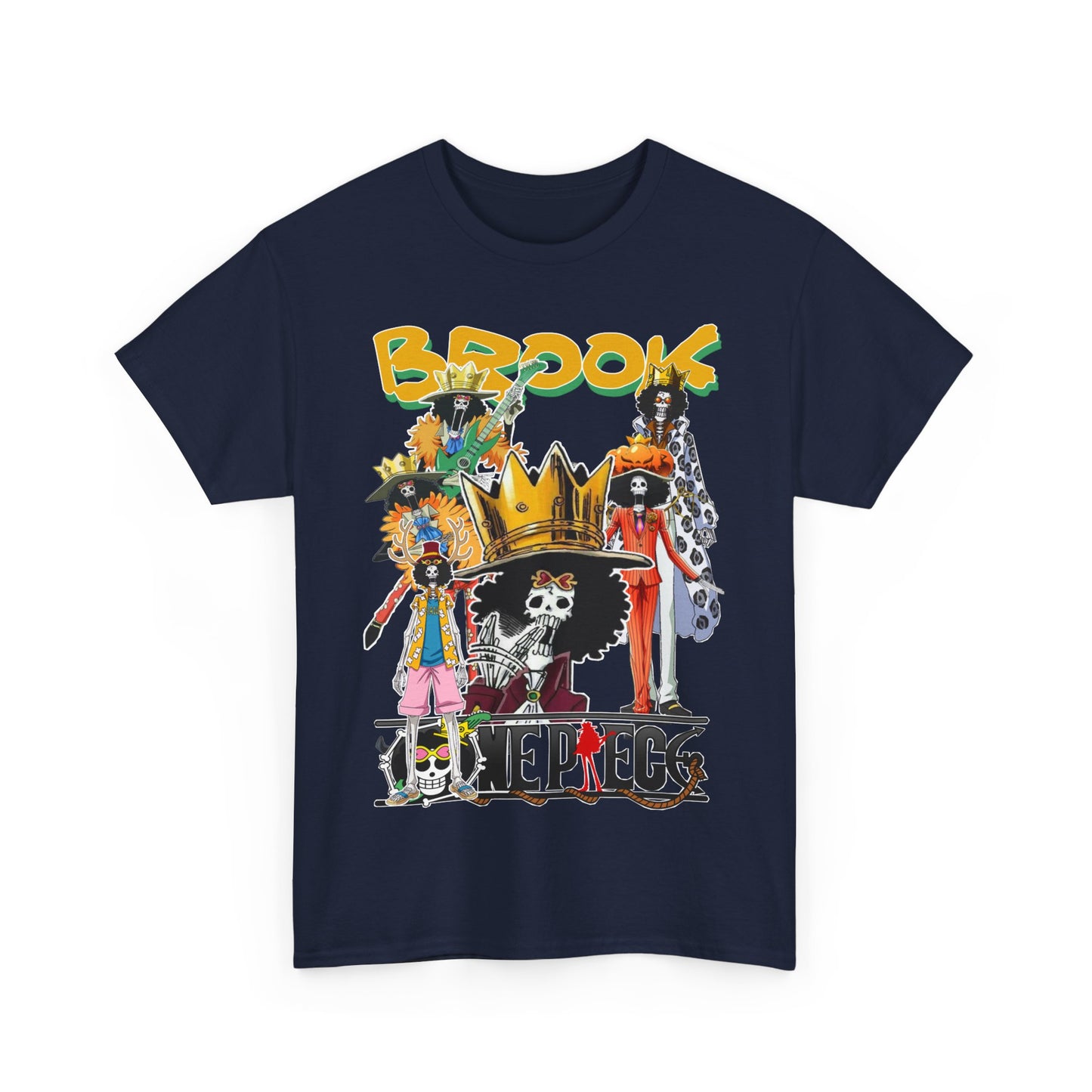 Artistic navy t-shirt adorned with a vibrant collage of Brook characters from anime, featuring dynamic poses and distinctive outfits, embodying creativity and adventure.