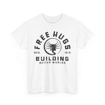 Chic white men's t-shirt featuring a distinctive graphic of 'FREE HUGS' and 'BUILDING BETTER WORLDS' in an eye-catching distressed style, a perfect blend of style and comfort.