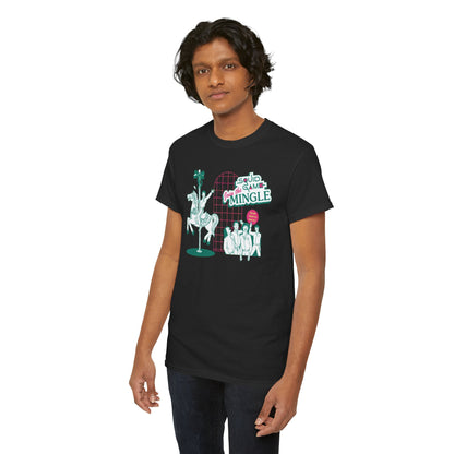 Sleek black unisex cotton T-shirt featuring a whimsical Squid Game design, showcasing playful graphics and a perfect fit for a stylish urban look.