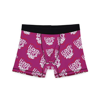 Luxury Valentine's Naughty Cheeky Men's Boxer Briefs featuring a playful design with the phrase 'I LICKED IT SO IT'S MINE' in bold white letters on a vibrant purple background, ideal for funny birthday or anniversary gifts.