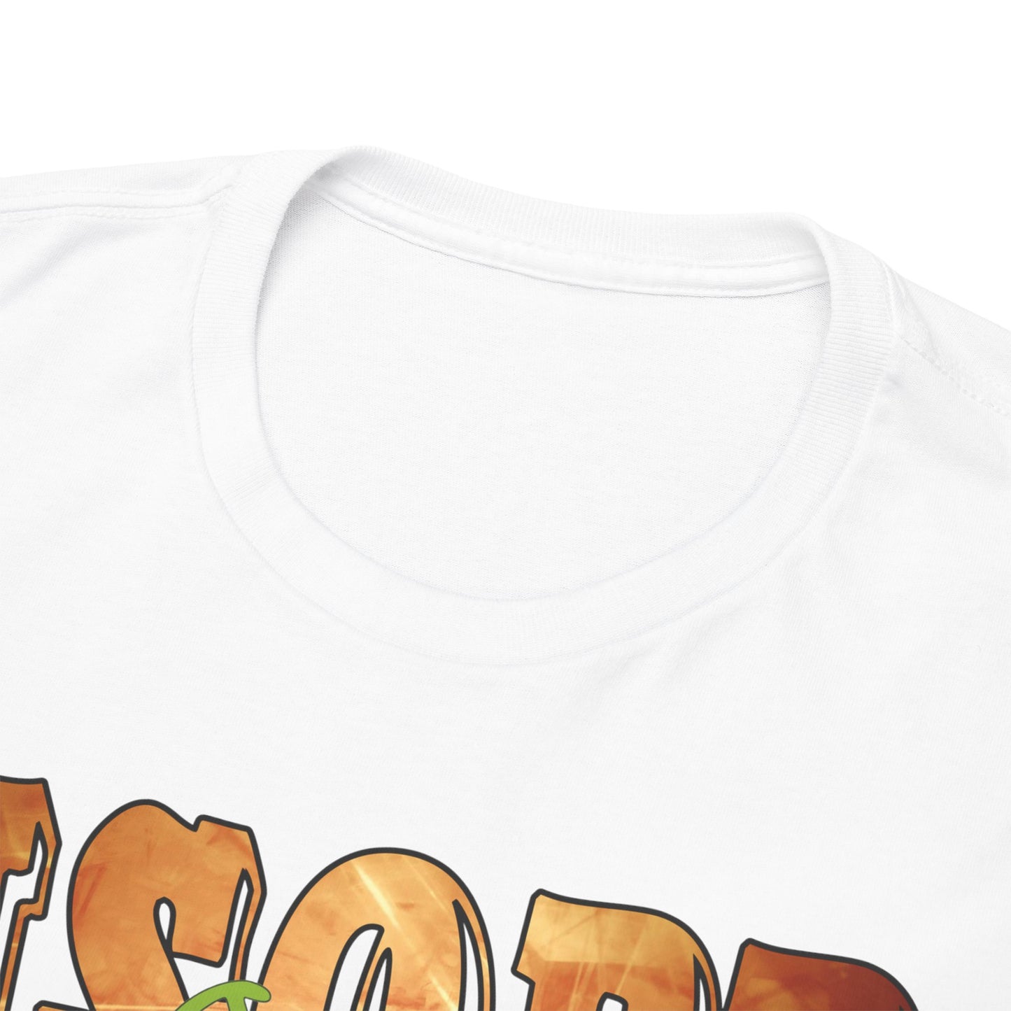 Close-up of the luxurious Usopp T-shirt neckline, highlighting premium fabric quality and intricate graphic detailing.