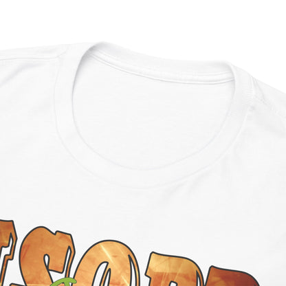 Close-up of the luxurious Usopp T-shirt neckline, highlighting premium fabric quality and intricate graphic detailing.