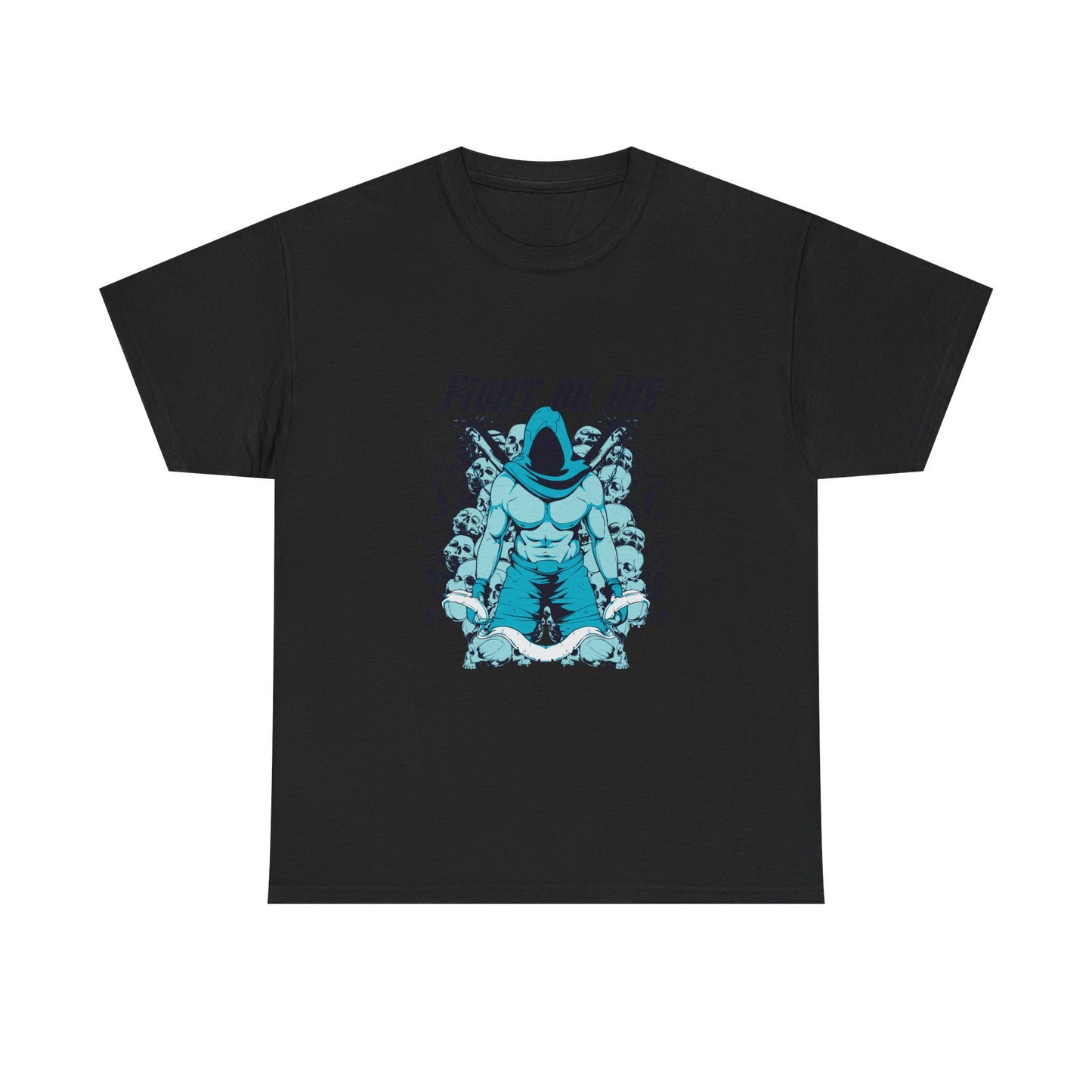 FIGHT OR DIE Muscular Graphic Men's T-Shirt featuring dynamic color contrast between turquoise and dark navy-blue, designed for fitness enthusiasts and bold individuals who embrace their fierce attitude.