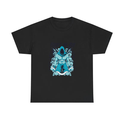 FIGHT OR DIE Muscular Graphic Men's T-Shirt featuring dynamic color contrast between turquoise and dark navy-blue, designed for fitness enthusiasts and bold individuals who embrace their fierce attitude.