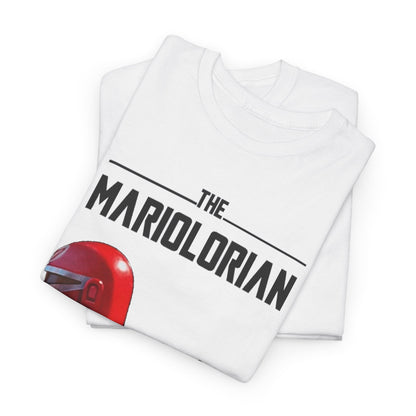 The Mariolorian Funny Graphic Unisex T Shirt, elegantly folded and showing a close-up of the unique red helmeted character design, catering to the stylish fan.