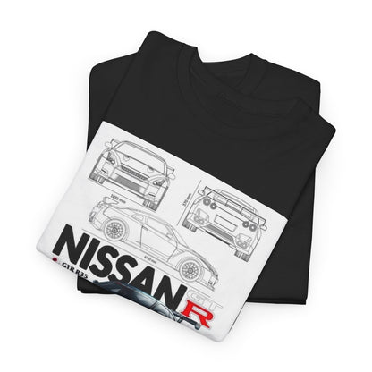 Nissan GTR R35 T-Shirt showcasing a sophisticated technical illustration of the iconic car design, featuring front, side, and rear views, ideal for car enthusiasts.