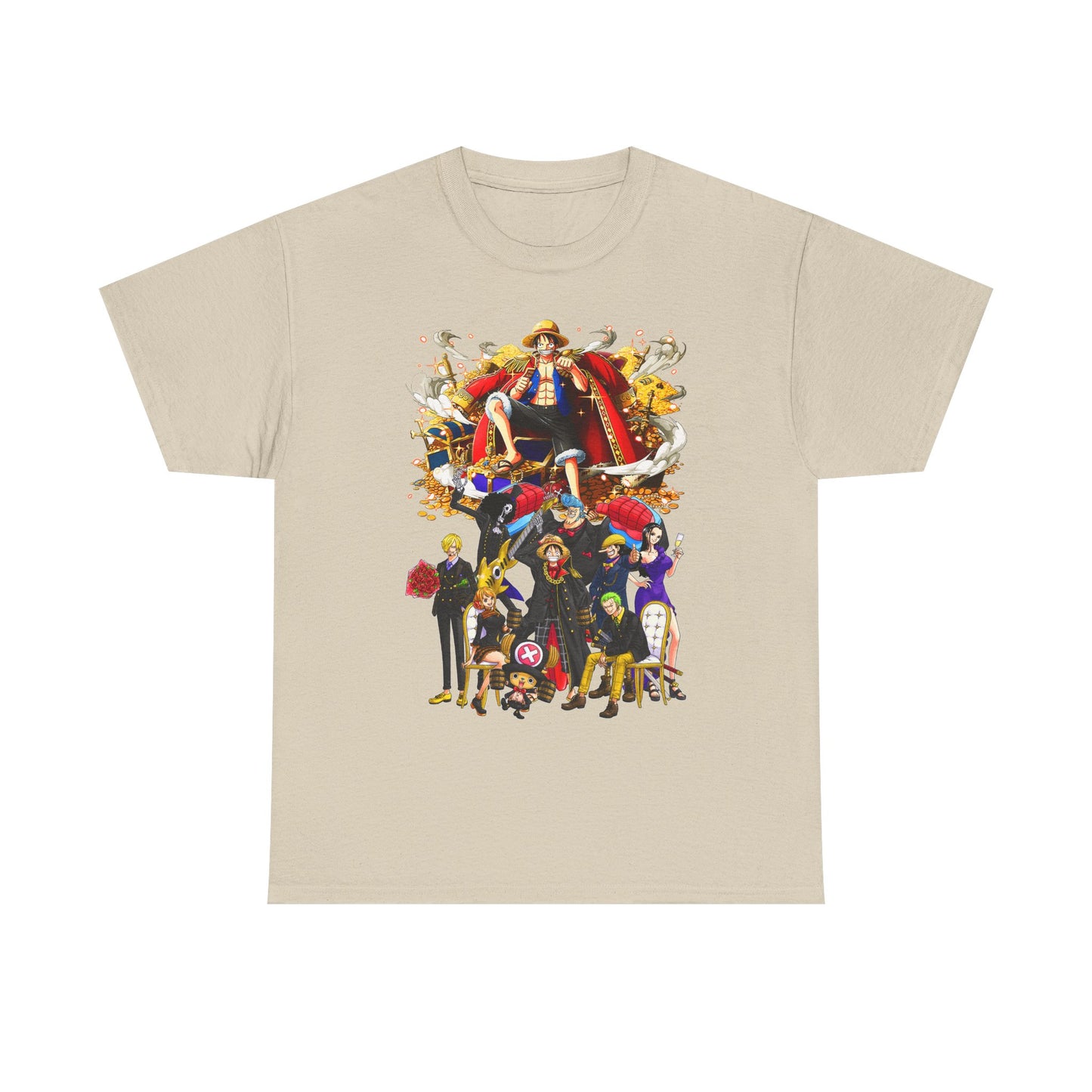 Chic beige t-shirt showcasing a captivating anime crew graphic, expertly illustrated to highlight each character's personality in a luxurious style.