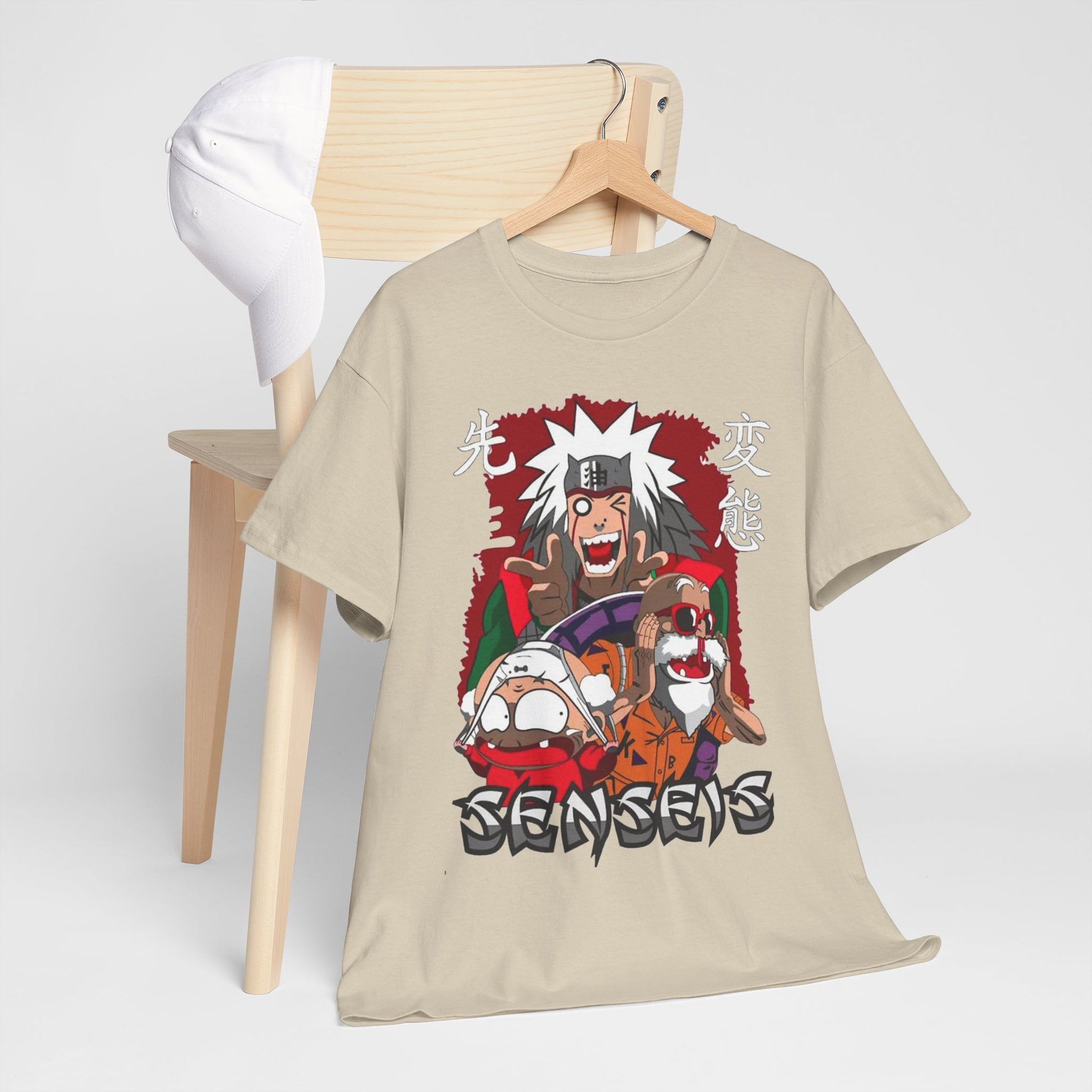 Chic ensemble featuring a beige t-shirt adorned with a captivating anime graphic, elegantly arranged on a chair alongside a contemporary cap, portraying a stylish yet relaxed vibe for trendsetters.
