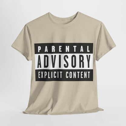 Luxurious Parental Advisory Explicit Content Warning Graphic T-Shirt in beige, crafted from ultra-soft cotton for comfort and style.