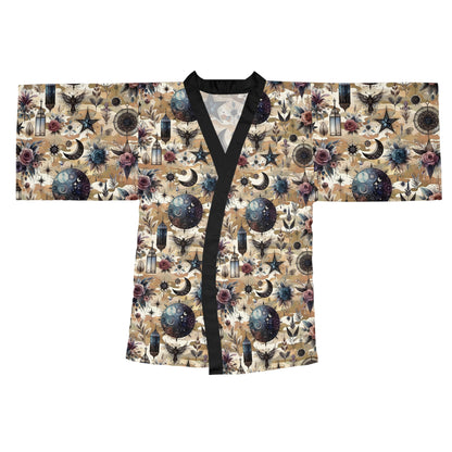 Floral Kimono Robe for women displayed flat, illustrating intricate floral patterns in elegant hues. A designer bathrobe that embodies boho chic luxury.