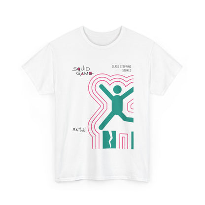 Sophisticated white t-shirt adorned with a minimalist 'Squid Game' graphic, illustrating the 'Glass Stepping Stones' theme, perfect for casual yet fashionable attire.