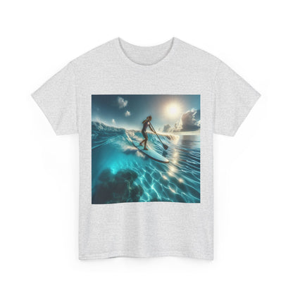 Casual and stylish wearing of the Delightful Paddle Board T-Shirt by Dazzling Dreams Studio, embodying a nature-loving lifestyle.
