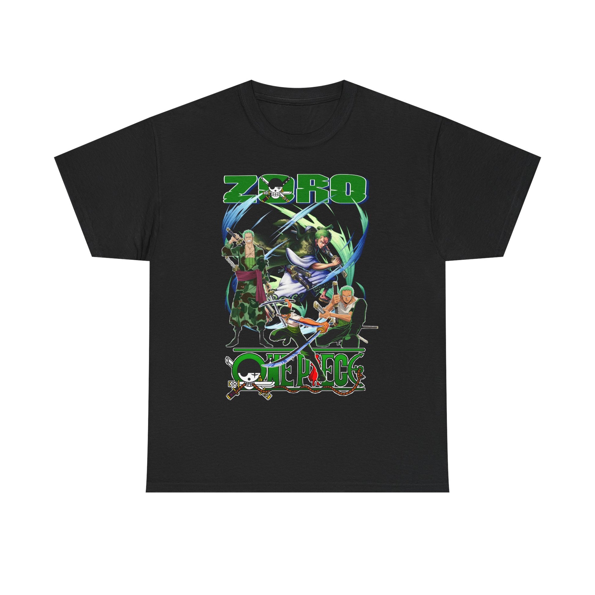 Black One Piece graphic t-shirt for men, featuring dynamic artwork of Zoro and crew, perfect for anime-themed streetwear.