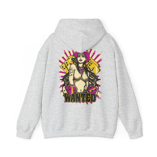 Elegant grey hoodie showcasing a striking back graphic of a fierce rebel girl adorned with tattoos and a pink cowboy hat. The design features playing cards and a prominent 'WANTED' text, radiating a sense of adventurous luxury.