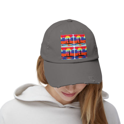 Unisex Distressed Paddleboarders Cap - Stylish Adventure Hat for Water Enthusiasts, showcasing a vibrant paddleboarding design with silhouetted figures and a colourful sunset on a grey cap.