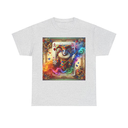Harlequin Playing Card Graphic Tee in grey with a whimsical harlequin jester print and playing cards, representing sophistication in versatile unisex fashion.