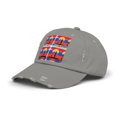 Unisex Distressed Paddleboarders Cap featuring a vibrant paddleboarding design, perfect for stylish water enthusiasts.