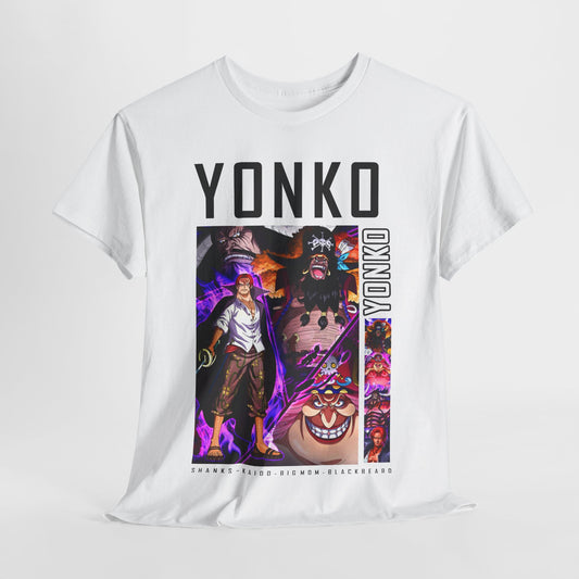 Luxurious One Piece Yonko men's t-shirt showcased in pristine white, featuring an exquisite graphic design of iconic characters Shanks, Kaido, Big Mom, and Blackbeard, framed with striking purple flames, perfect for anime enthusiasts seeking comfort and style in streetwear.