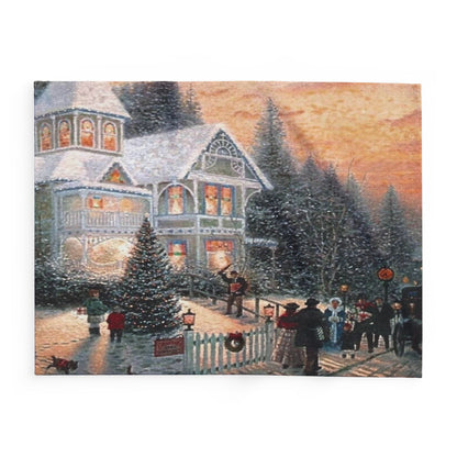 Charming Decorative and Warm Christmas Arctic Fleece Blanket highlighting a picturesque holiday scene with beautifully lit windows and winter festivities, adding warmth and style to any room.