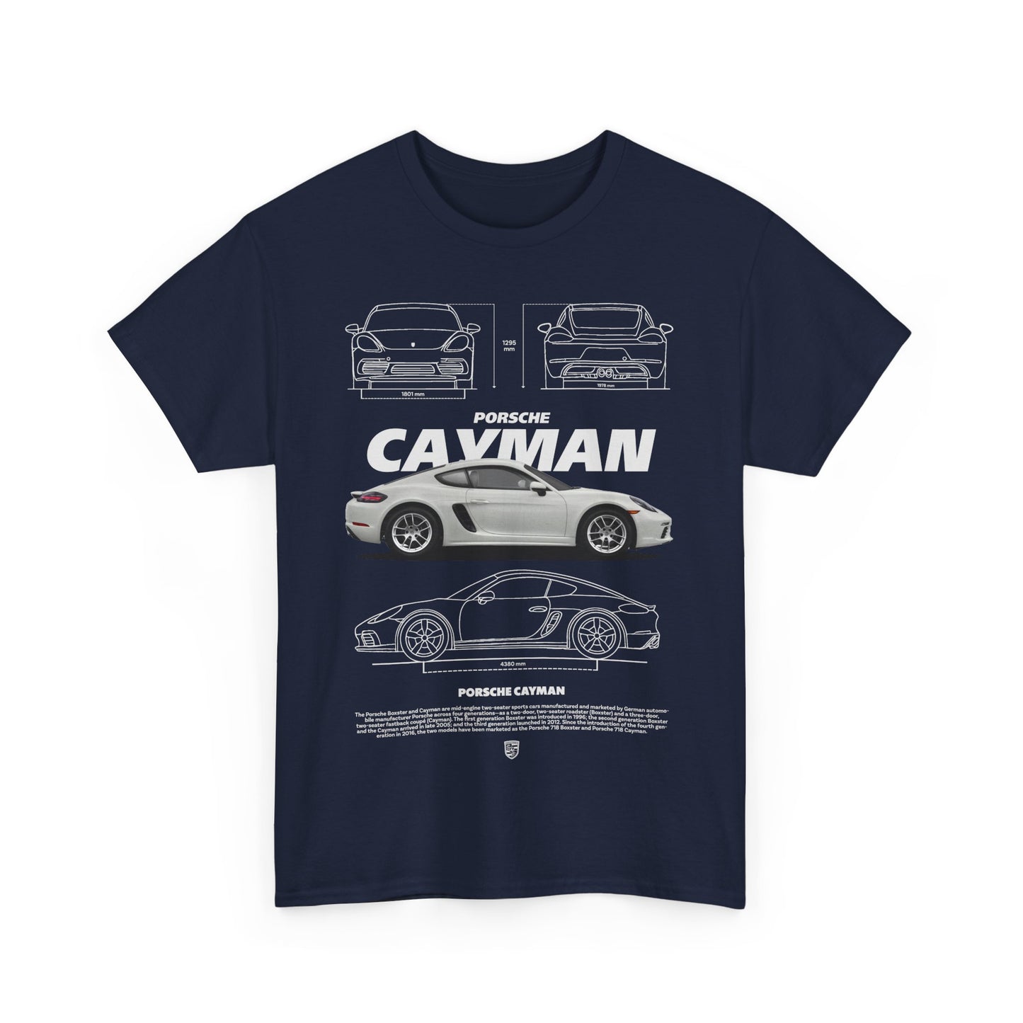 Luxurious navy T-shirt featuring a detailed design of the Porsche Cayman, showcasing technical illustrations of the vehicle from multiple angles, ideal for car enthusiasts.