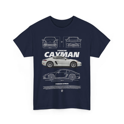 Luxurious navy T-shirt featuring a detailed design of the Porsche Cayman, showcasing technical illustrations of the vehicle from multiple angles, ideal for car enthusiasts.