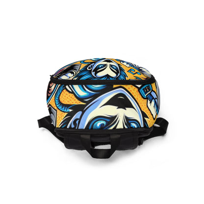 Close-up of the vibrant artwork on the Pop Art Backpack by Dazzling Dreams Studio, highlighting bold colours and creative details that elevate fashionable sophistication.