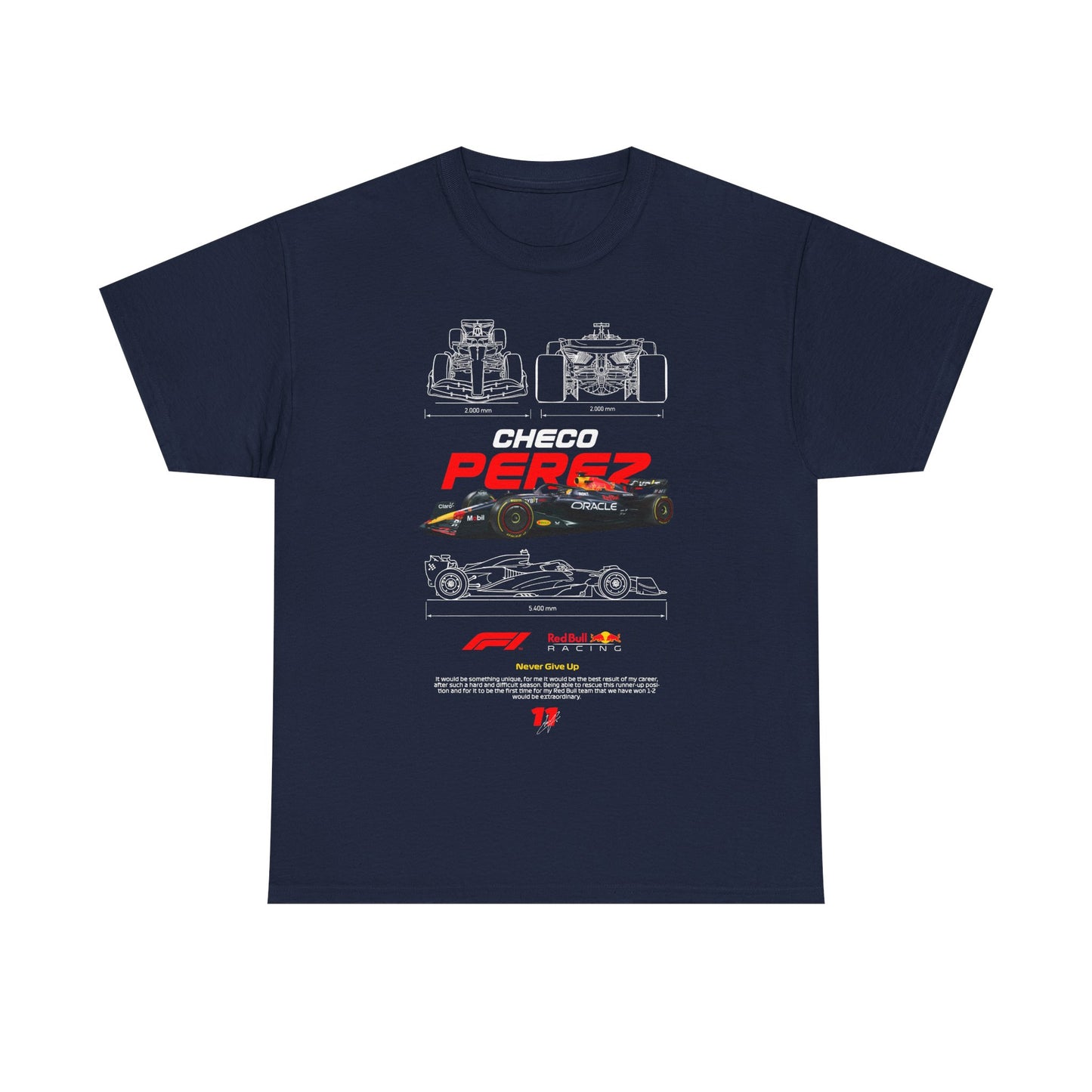 Refined navy blue men's t-shirt with a dynamic graphic of a Formula 1 car and the name 'CHECO PEREZ' in bold red lettering, complemented by intricate design elements. Ideal for automotive aficionados.