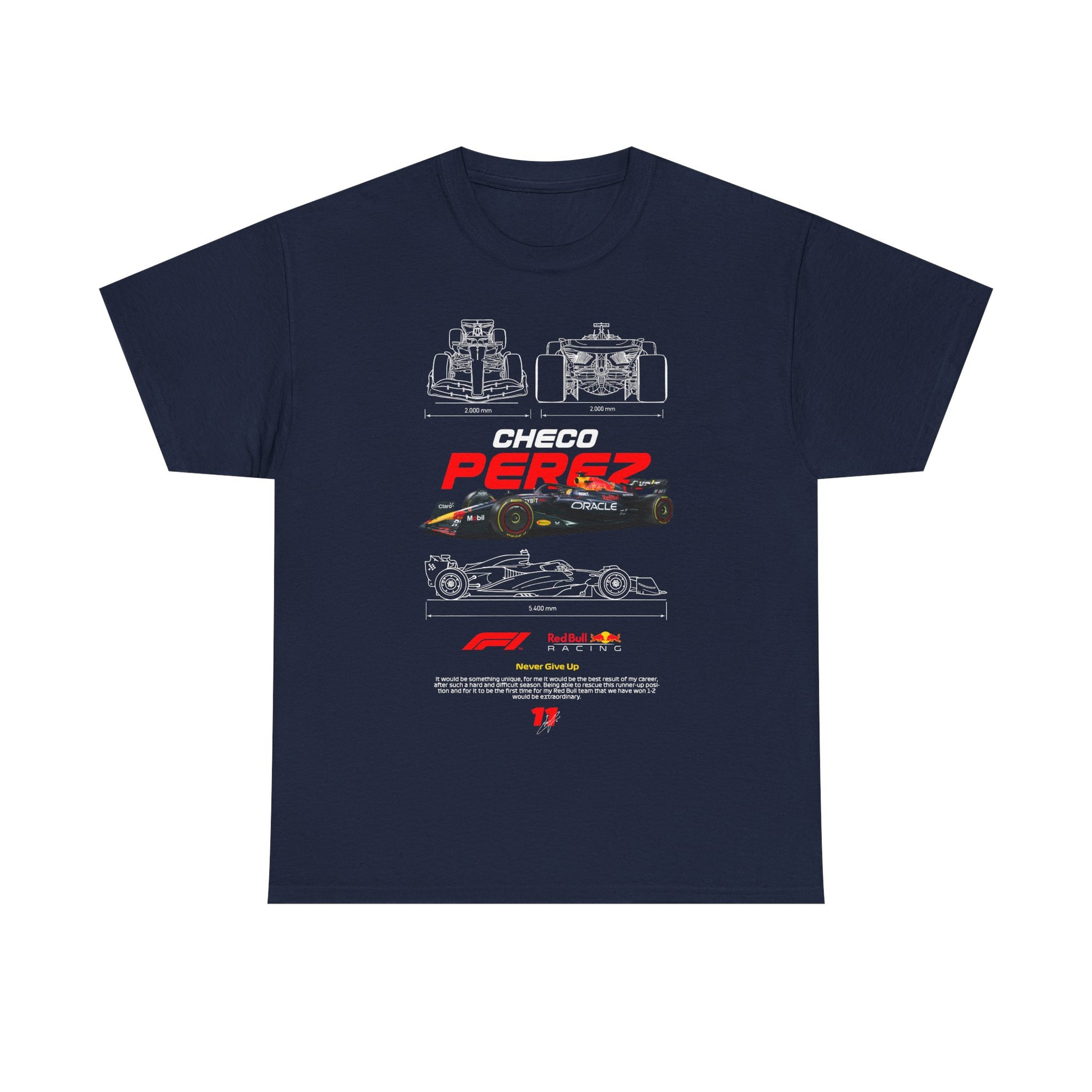 Refined navy blue men's t-shirt with a dynamic graphic of a Formula 1 car and the name 'CHECO PEREZ' in bold red lettering, complemented by intricate design elements. Ideal for automotive aficionados.