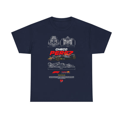 Refined navy blue men's t-shirt with a dynamic graphic of a Formula 1 car and the name 'CHECO PEREZ' in bold red lettering, complemented by intricate design elements. Ideal for automotive aficionados.
