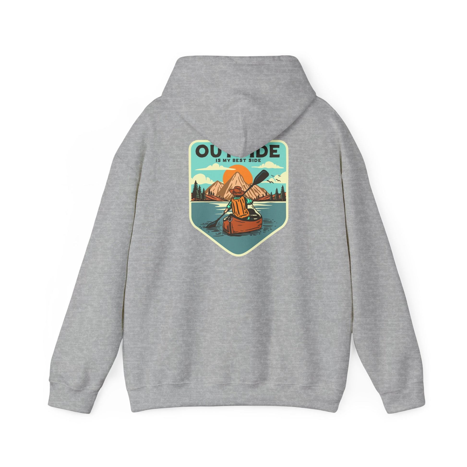 Elegant grey hoodie featuring a retro graphic of a kayaker amidst mountains and a serene lake, accompanied by the phrase 'OUTSIDE IS MY BEST SIDE'.