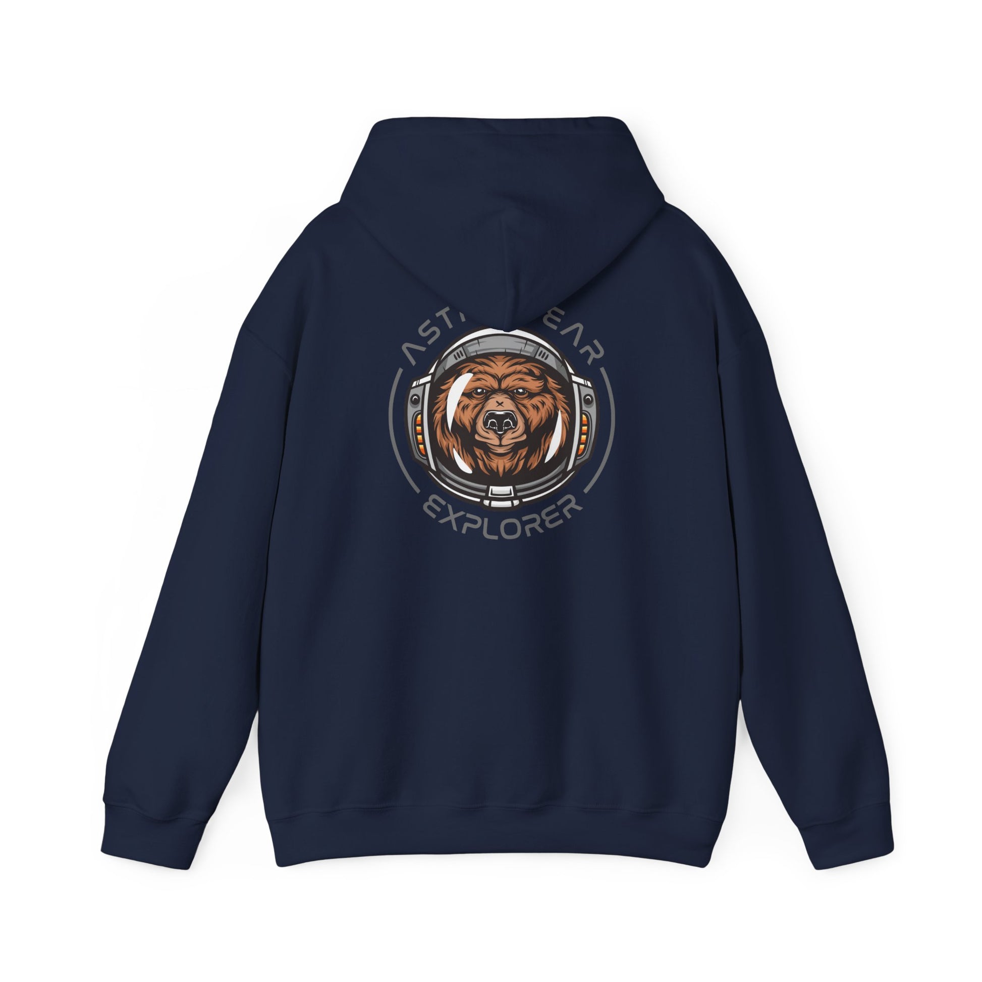 Elegant navy hoodie featuring a whimsical cartoon brown bear in an astronaut helmet, printed on the back, embodying adventurous spirit.