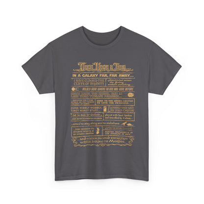Once Upon a Time Graphic T-Shirt for Geeks - Vintage Cosmic Adventure Unisex Cotton Tee displayed in a dark grey colour with a charming gold and beige narrative print.
