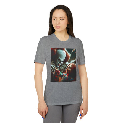 Adidas Unisex Halloween Pennywise and Chucky Cute T-shirt in grey, showcasing a captivating graphic of Pennywise and Chucky, ideal for a fashionable Halloween statement.