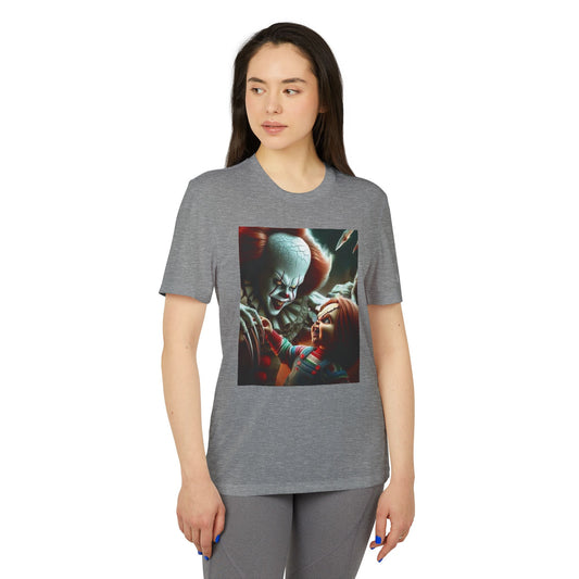 Adidas Unisex Halloween Pennywise and Chucky Cute T-shirt in grey, showcasing a captivating graphic of Pennywise and Chucky, ideal for a fashionable Halloween statement.