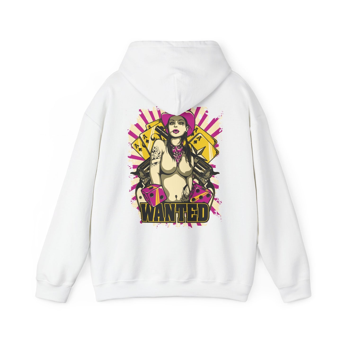 Stylish white hoodie featuring a bold back print design of a confident rebel woman with tattoos, a pink cowboy hat, and playing cards. Complete with vibrant colours and an eye-catching 'WANTED' typography, perfect for adding a daring flair to your wardrobe.