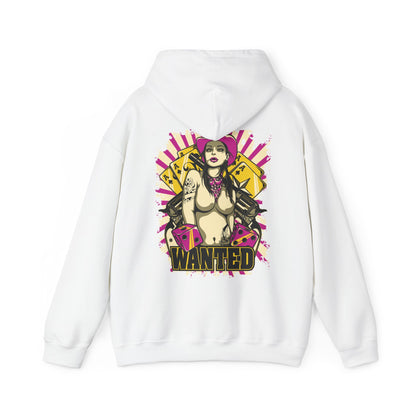 Stylish white hoodie featuring a bold back print design of a confident rebel woman with tattoos, a pink cowboy hat, and playing cards. Complete with vibrant colours and an eye-catching 'WANTED' typography, perfect for adding a daring flair to your wardrobe.