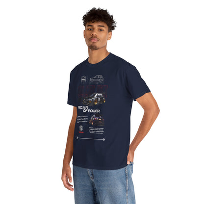 Elegant navy blue men's t-shirt featuring the Suzuki Forza graphic design, highlighting a racing theme with dynamic typography that reads 'ROAR OF POWER', perfect for automotive enthusiasts.