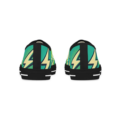 Model showcasing Zara Thunderstrike Men's Vibrant Lowtop Sneakers by Dazzling Dreams Studio in a stylish urban setting, highlighting their bold design and modern silhouette.