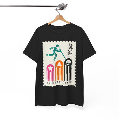 Stylish black t-shirt hanging on a sleek hanger, showcasing a unique graphic inspired by 'Squid Game', perfect for modern urban fashion.