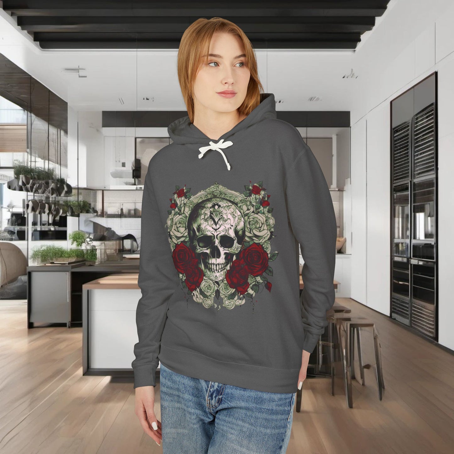 Unisex Lightweight Hooded Sweatshirt unique designer skull and roses