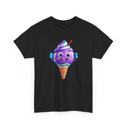 Front view of the vibrant Scoop of Joy: Cartoon Ice Cream Cone Character Tee, showcasing a playful ice cream cone character on a classic black cotton tee.