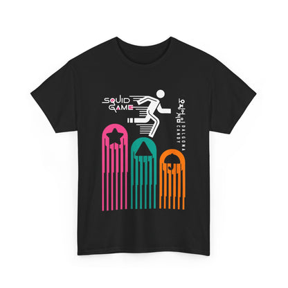 Elegant black t-shirt adorned with a captivating Squid Game motif, exuding sophistication for those who appreciate distinctive, high-quality clothing.